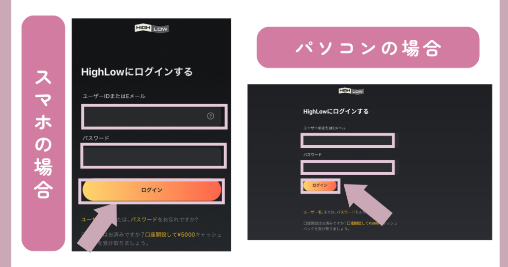 メールアドレスとパスワードを入力してログイン