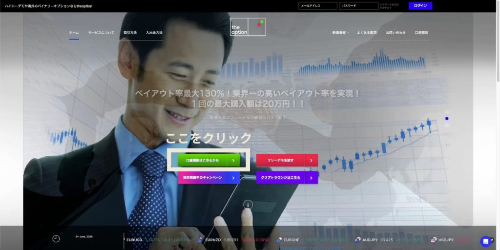 ザオプションの公式サイトを開いたら「口座開設はこちらから」のボタンをクリック
